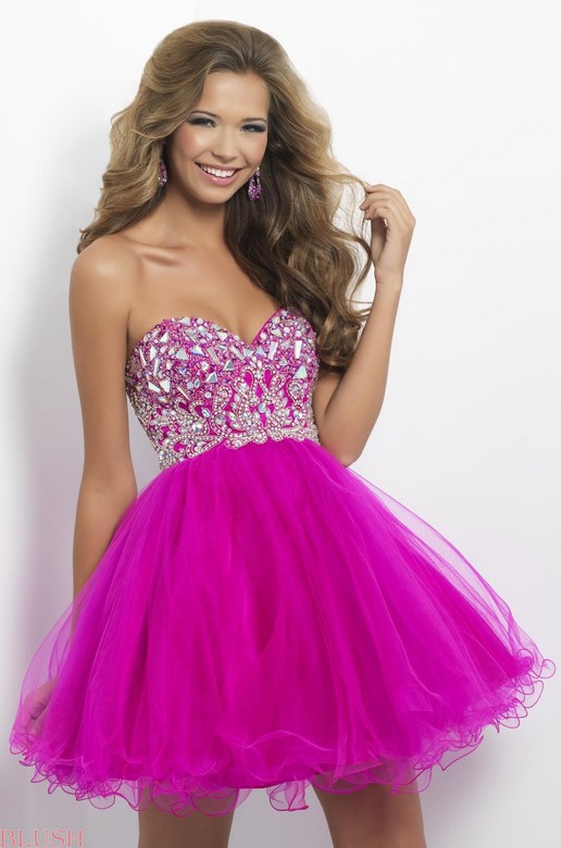 Blush pink beaded homecoming tulle dress
